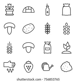 Thin line icon set : flower, greenhouse, vegetable oil, flour, mushroom, potato, spikelets, sprouting, sow, strawberry, watering can, pile of garbage