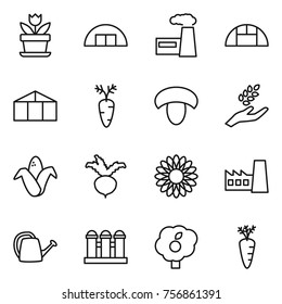 Thin line icon set : flower, hangare, factory, greenhouse, carrot, mushroom, harvest, corn, beet, watering can, grain elevator, garden