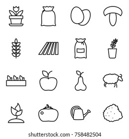 Thin line icon set : flower, flour, eggs, mushroom, spikelets, field, seedling, apple, pear, sheep, sprouting, tomato, watering can, pile of garbage