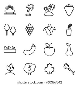 Thin line icon set : flower bed, palm, island, berry, trees, grape, corn, seedling, eggplant, apple, pear, sprouting, garden, maple leaf, blower
