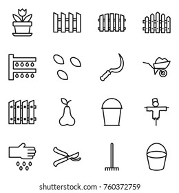 Thin line icon set : flower, fence, watering, seeds, sickle, wheelbarrow, pear, bucket, scarecrow, sow, pruner, rake