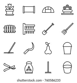 Thin line icon set : flower, fence, greenhouse, bed, watering, shovel, fork, rake, sickle, pear, bucket, pruner, fertilizer