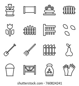 Thin line icon set : flower, fence, bed, perishable, watering, seeds, shovel, fork, pear, bucket, farm, fertilizer, gloves