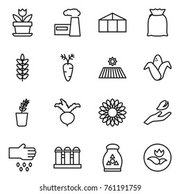 Thin line icon set : flower, factory, greenhouse, flour, spikelets, carrot, field, corn, seedling, beet, hand leaf, sow, grain elevator, fertilizer, ecology