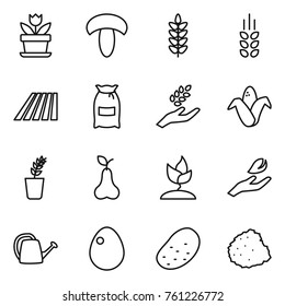 Thin line icon set : flower, mushroom, spikelets, field, flour, harvest, corn, seedling, pear, sprouting, hand leaf, watering can, egg, potato, pile of garbage