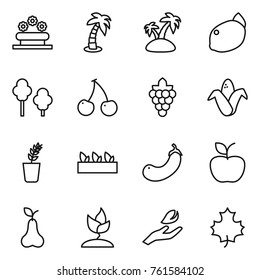 Thin line icon set : flower bed, palm, island, lemon, trees, cherry, grape, corn, seedling, eggplant, apple, pear, sprouting, hand leaf, maple