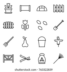 Thin line icon set : flower, fence, greenhouse, perishable, seeds, shovel, fork, pear, bucket, scarecrow, farm, pruner, fertilizer, rake