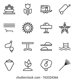 Thin line icon set : flower bed, perishable, trailer, suitcase, lounger, sun, restaurant, starfish, golf, table, slippers, pool, berry, sprouting, garden, rake