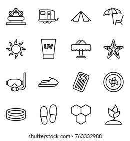 Thin line icon set : flower bed, trailer, tent, lounger, sun, uv cream, restaurant, starfish, diving mask, jet ski, inflatable mattress, cooler fan, pool, slippers, honeycombs, sprouting