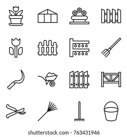 Thin line icon set : flower, greenhouse, bed, fence, perishable, watering, fork, sickle, wheelbarrow, farm, pruner, rake, bucket