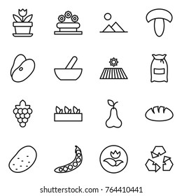 Thin line icon set : flower, bed, landscape, mushroom, beans, mortar, field, flour, grape, seedling, pear, bread, potato, peas, ecology, recycling