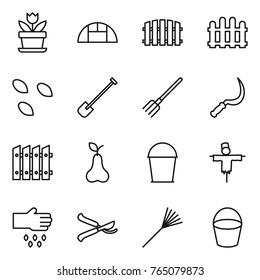 Thin line icon set : flower, greenhouse, fence, seeds, shovel, fork, sickle, pear, bucket, scarecrow, sow, pruner, rake