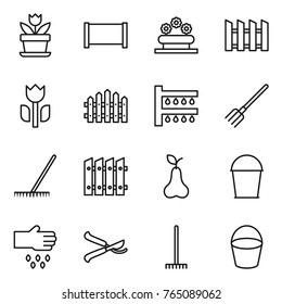 Thin line icon set : flower, fence, bed, perishable, watering, fork, rake, pear, bucket, sow, pruner