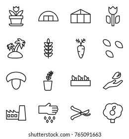 Thin line icon set : flower, hangare, greenhouse, perishable, island, spikelets, carrot, seeds, mushroom, seedling, hand leaf, factory, sow, pruner, garden