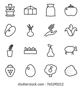 Thin line icon set : flower, greenhouse, flour, tomato, beans, onion, harvest, corn, seedling, pear, sheep, strawberry, egg, garden, pile of garbage