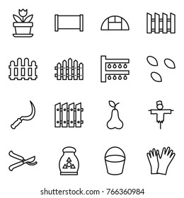 Thin line icon set : flower, fence, greenhouse, watering, seeds, sickle, pear, scarecrow, pruner, fertilizer, bucket, gloves
