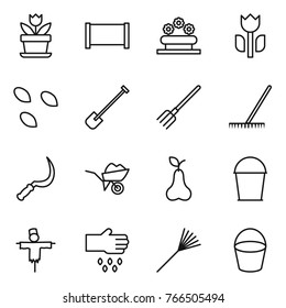 Thin line icon set : flower, fence, bed, perishable, seeds, shovel, fork, rake, sickle, wheelbarrow, pear, bucket, scarecrow, sow