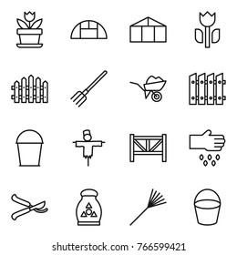 Thin line icon set : flower, greenhouse, perishable, fence, fork, wheelbarrow, bucket, scarecrow, farm, sow, pruner, fertilizer, rake