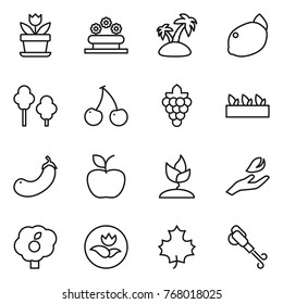 Thin line icon set : flower, bed, island, lemon, trees, cherry, grape, seedling, eggplant, apple, sprouting, hand leaf, garden, ecology, maple, blower
