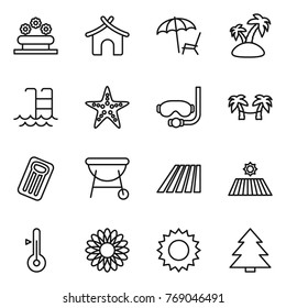 Thin line icon set : flower bed, bungalow, lounger, island, pool, starfish, diving mask, palm hammock, inflatable mattress, bbq, field, thermometer, sun, spruce