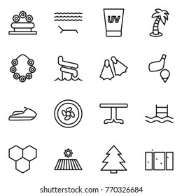 Thin line icon set : flower bed, lounger, uv cream, palm, hawaiian wreath, aquapark, flippers, golf, jet ski, cooler fan, table, pool, honeycombs, field, spruce, clean window