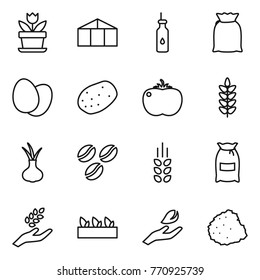Thin line icon set : flower, greenhouse, vegetable oil, flour, eggs, potato, tomato, spikelets, onion, coffee seeds, harvest, seedling, hand leaf, pile of garbage