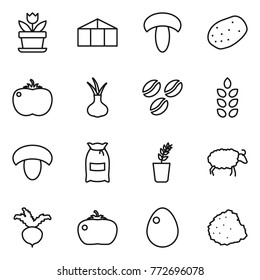Thin line icon set : flower, greenhouse, mushroom, potato, tomato, onion, coffee seeds, spikelets, flour, seedling, sheep, beet, egg, pile of garbage