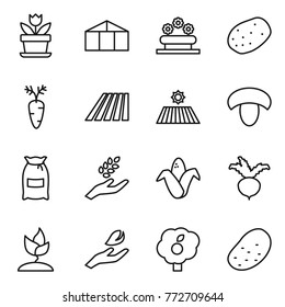 Thin line icon set : flower, greenhouse, bed, potato, carrot, field, mushroom, flour, harvest, corn, beet, sprouting, hand leaf, garden