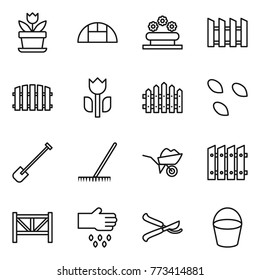 Thin line icon set : flower, greenhouse, bed, fence, perishable, seeds, shovel, rake, wheelbarrow, farm, sow, pruner, bucket