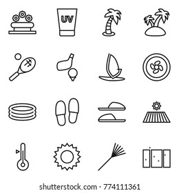 Thin line icon set : flower bed, uv cream, palm, island, tennis, golf, windsurfing, cooler fan, inflatable pool, slippers, field, thermometer, sun, rake, clean window