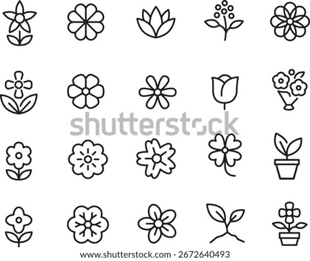 Thin line icon set for flower flowers floral bloom blossom petals botanical plant nature. Pixel perfect icons editable stroke.