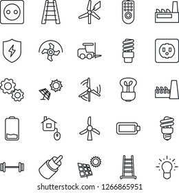 Thin Line Icon Set - fork loader vector, ripper, ladder, barbell, low battery, rca, protect, sun panel, windmill, factory, home control, socket, remote, bulb, energy saving, gear, idea