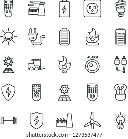 Thin Line Icon Set - fork loader vector, factory, fire, barbell, remote control, battery, rca, protect, sun panel, windmill, socket, power plug, bulb, energy saving, alarm led, idea