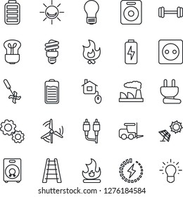 Thin Line Icon Set - fork loader vector, bulb, factory, ladder, fire, ripper, barbell, speaker, battery, rca, charge, windmill, home control, socket, power plug, energy saving, sun panel, alarm led