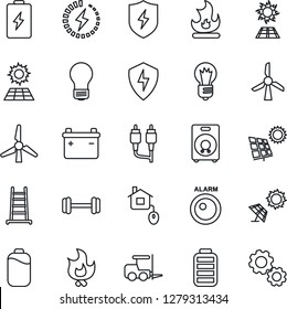 Thin Line Icon Set - fork loader vector, bulb, ladder, fire, barbell, speaker, battery, rca, protect, charge, sun panel, windmill, home control, alarm led, gear