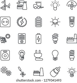 Thin Line Icon Set - fork loader vector, bulb, factory, ripper, remote control, speaker, battery, rca, charge, sun panel, windmill, socket, power plug, energy saving, alarm led, gear, idea