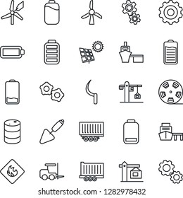 Thin Line Icon Set - fork loader vector, gear, trowel, sickle, truck trailer, sea port, flammable, oil barrel, reel, battery, low, sun panel, crane, windmill