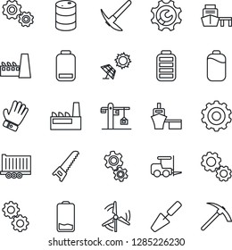 Thin Line Icon Set - fork loader vector, gear, trowel, glove, saw, truck trailer, sea port, oil barrel, battery, low, root setup, windmill, crane, factory, sun panel, hard work