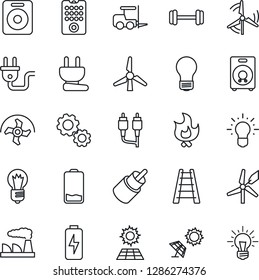 Thin Line Icon Set - fork loader vector, bulb, factory, ripper, ladder, fire, barbell, speaker, low battery, rca, charge, sun panel, windmill, power plug, remote control, gear, idea