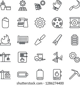 Thin Line Icon Set - fork loader vector, gear, factory, trowel, glove, saw, sickle, truck trailer, sea port, flammable, oil barrel, reel, battery, low, sun panel, windmill, crane, water heater