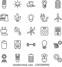 Thin Line Icon Set - fork loader vector, bulb, factory, fire, barbell, remote control, speaker, battery, sun panel, home, power plug, energy saving, windmill, alarm led, gear