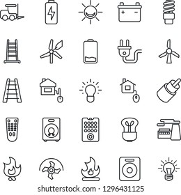 Thin Line Icon Set - fork loader vector, factory, ripper, ladder, fire, remote control, speaker, low battery, rca, charge, home, power plug, bulb, energy saving, windmill, alarm led, idea