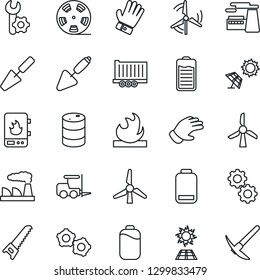 Thin Line Icon Set - fork loader vector, gear, factory, trowel, glove, saw, truck trailer, flammable, oil barrel, reel, battery, low, root setup, windmill, water heater, sun panel, hard work