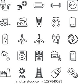 Thin Line Icon Set - fork loader vector, factory, ladder, barbell, remote control, speaker, battery, low, rca, charge, windmill, home, socket, power plug, sun panel, alarm led, gear