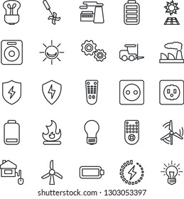 Thin Line Icon Set - fork loader vector, bulb, factory, fire, ripper, remote control, speaker, battery, low, protect, charge, windmill, home, socket, sun panel, alarm led, gear, idea