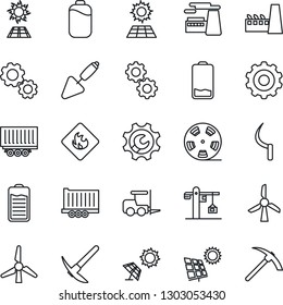 Thin Line Icon Set - fork loader vector, gear, factory, trowel, sickle, truck trailer, flammable, reel, battery, low, root setup, sun panel, windmill, crane, hard work