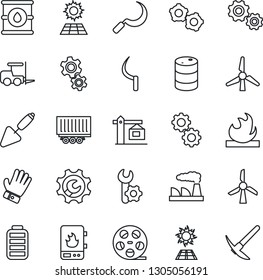 Thin Line Icon Set - fork loader vector, gear, factory, trowel, glove, sickle, truck trailer, flammable, oil barrel, reel, battery, root setup, sun panel, windmill, crane, water heater, hard work