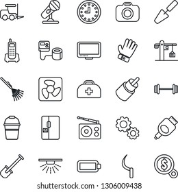 Thin Line Icon Set - fork loader vector, trowel, shovel, rake, bucket, glove, sickle, doctor case, blood pressure, barbell, office phone, clock, camera, microphone, radio, monitor, rca, hdmi, fridge