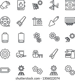 Thin Line Icon Set - fork loader vector, gear, factory, trowel, glove, saw, truck trailer, sea port, oil barrel, reel, low battery, sun panel, windmill, crane, water heater