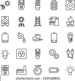 Thin Line Icon Set - fork loader vector, bulb, factory, ladder, fire, remote control, speaker, battery, low, rca, home, socket, energy saving, sun panel, alarm led, gear, idea